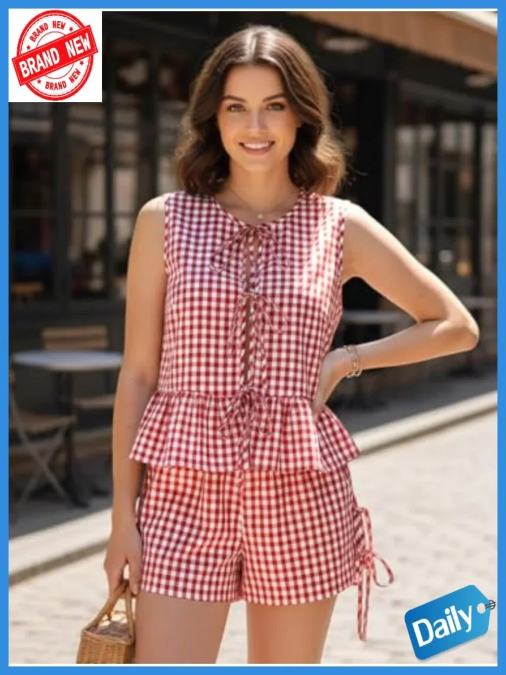 Trendy Gingham Shorts Set, Sleeveless Blouse, Cotton Blend, Adjustable